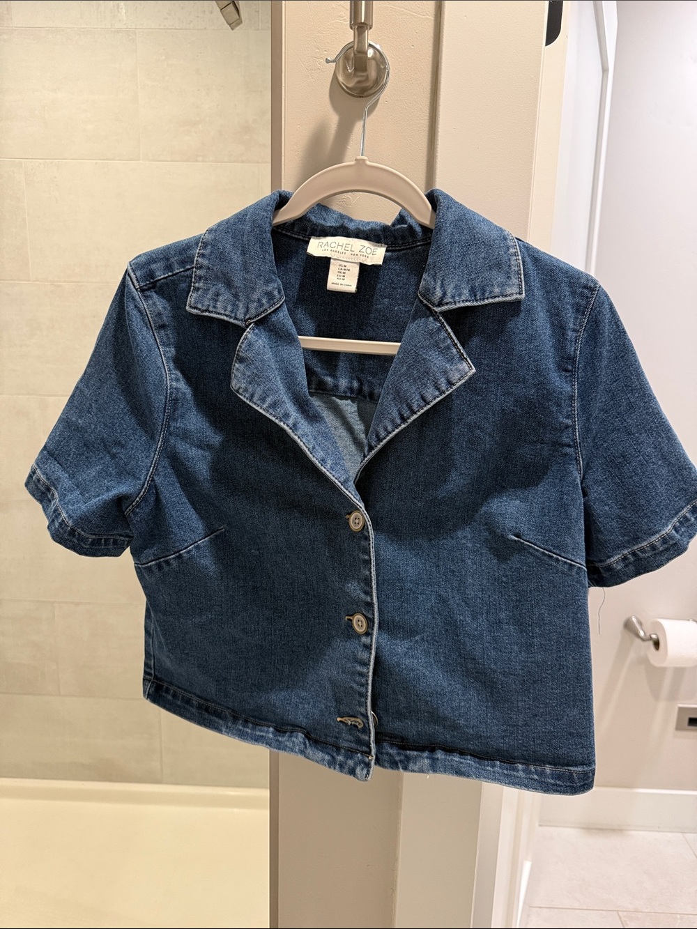 Rachel Zoe Dark Blue Cropped Denim Button-Front Top